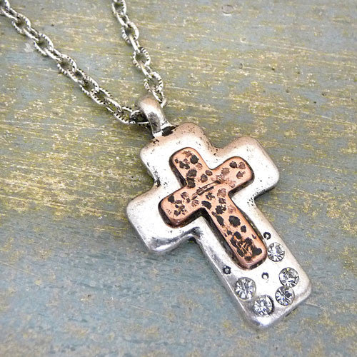 Methodist Cross Necklace - Cross Pendant Necklace In Two Tone